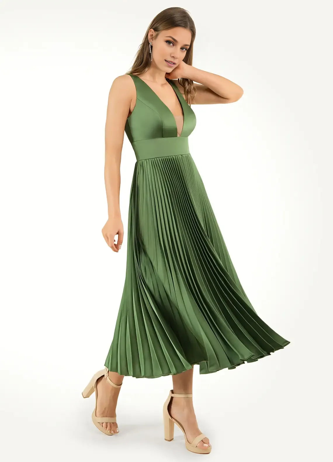 Robe Weitese à col en V profond, robe longue chic olive, sans manches, princesse, longueur thé, plissée, ligne A, robe de bal